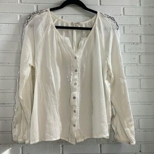 ANGELS Forever Young White Boho Peasant Blouse Lace Trim Cottagecore Romantic L